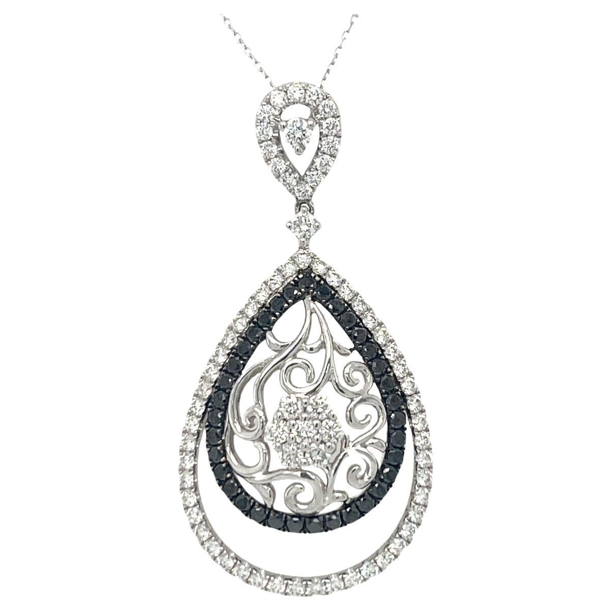 Natural Black and White Diamond Dangling Pendant in 18K White Gold For Sale