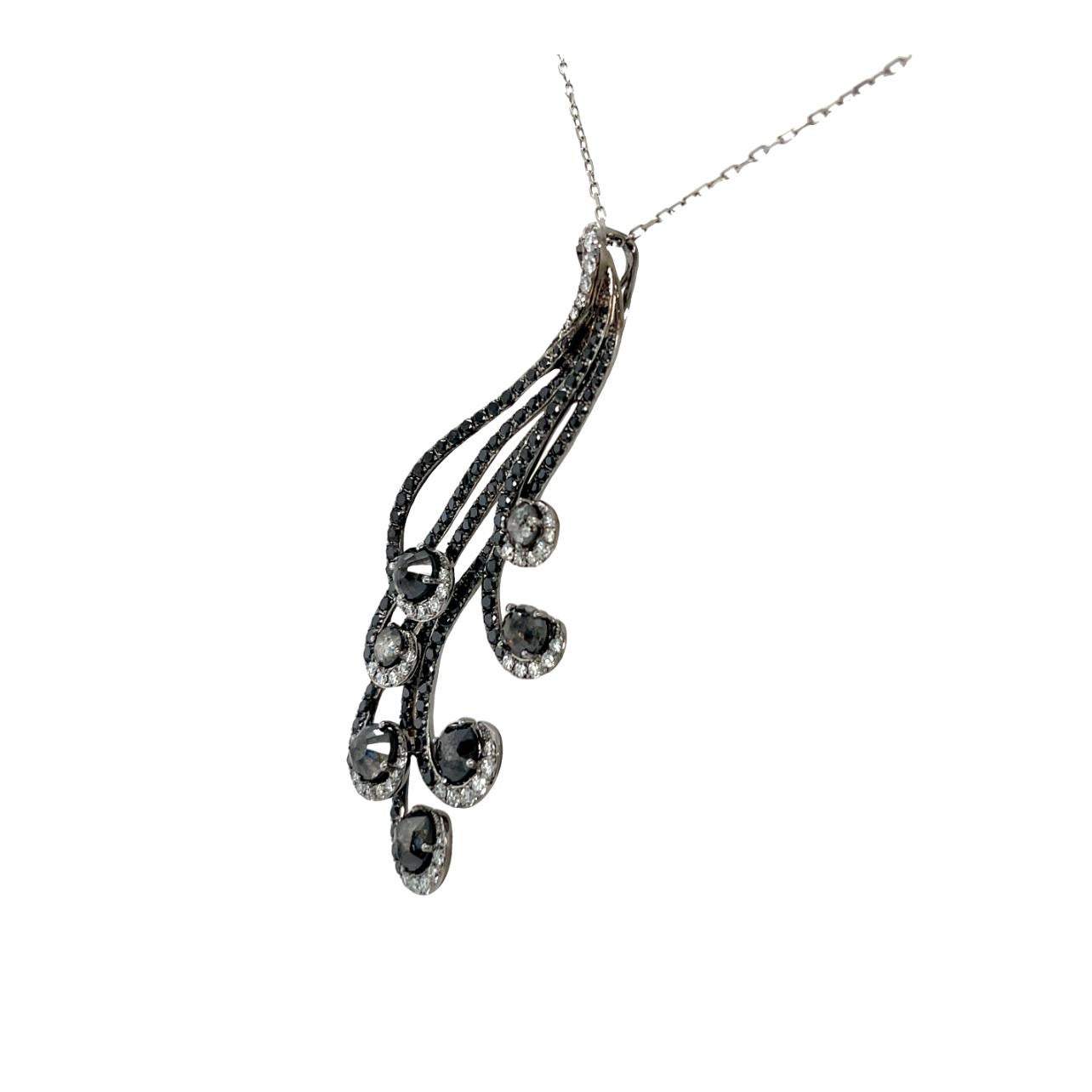 Brilliant Cut Natural Black and White Diamond Swirl Pendant in 18K White Gold For Sale