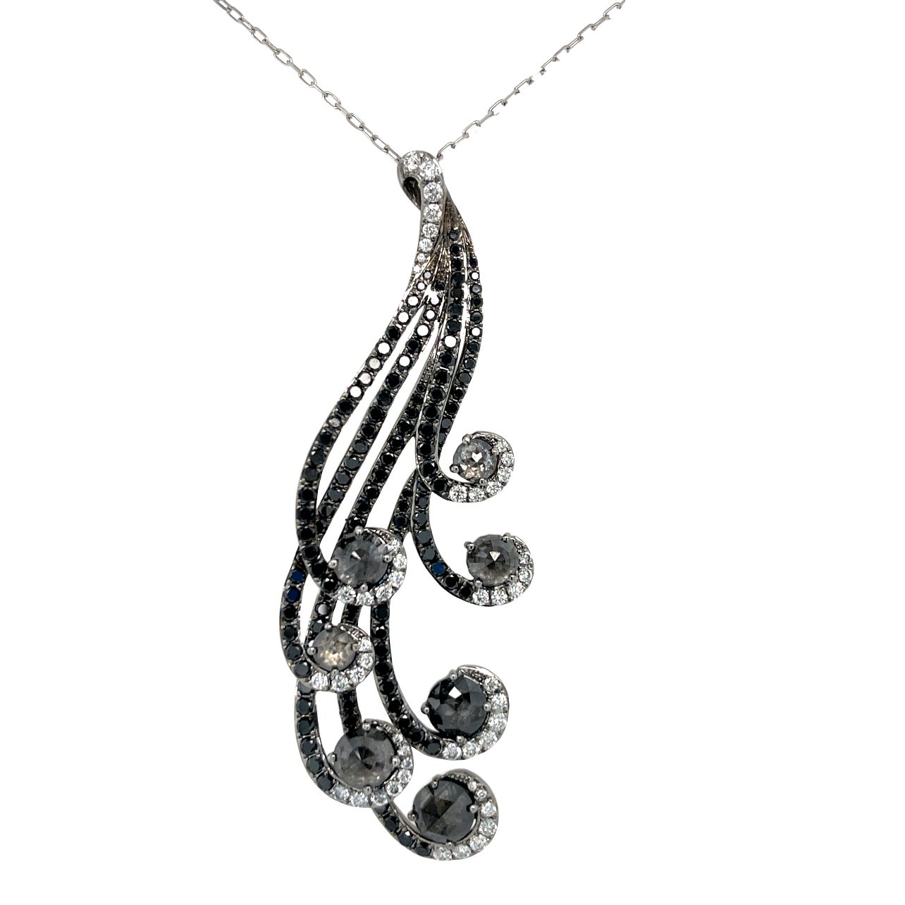 Natural Black and White Diamond Swirl Pendant in 18K White Gold For Sale