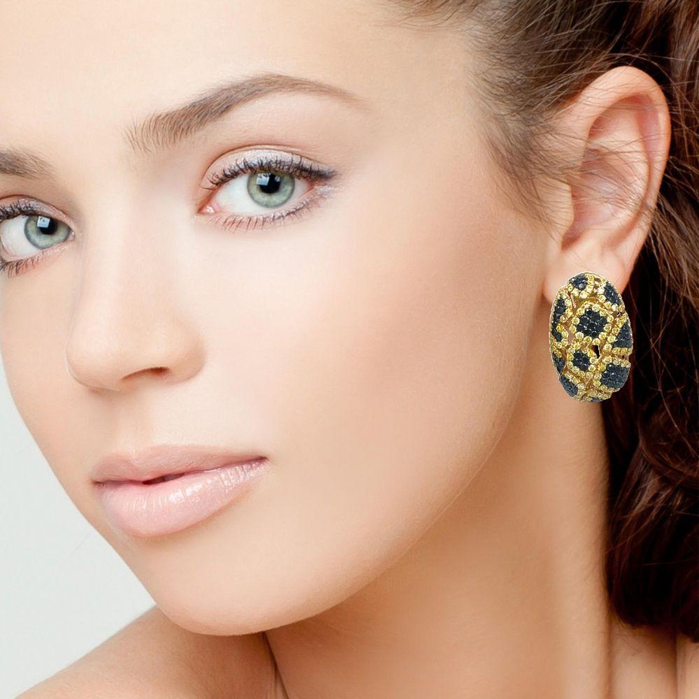 Brilliant Cut Natural Black and Yellow Diamond Earrings in 18KY Gold  For Sale