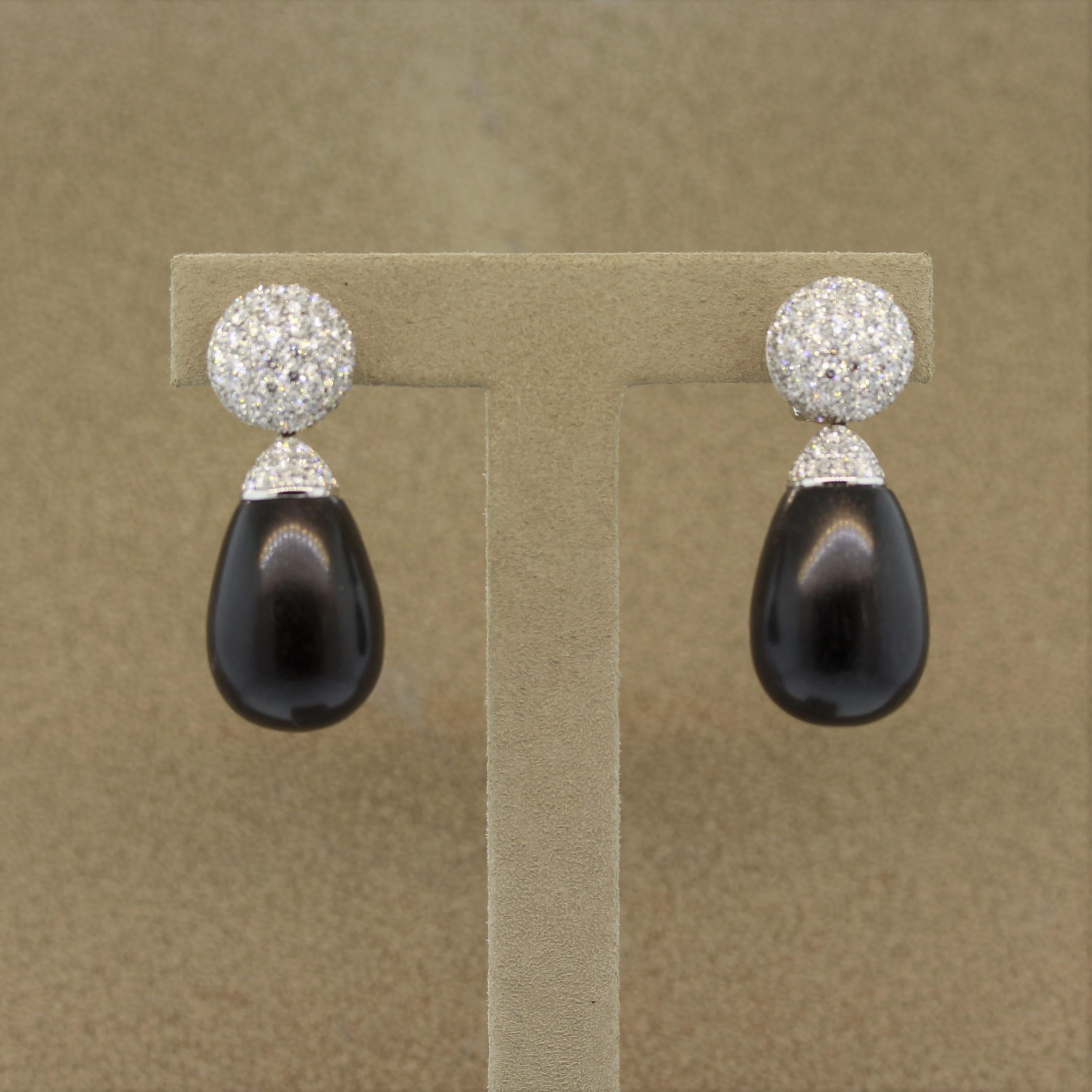 Oval Cut Natural Black Coral Diamond Gold Drop Earrings For Sale