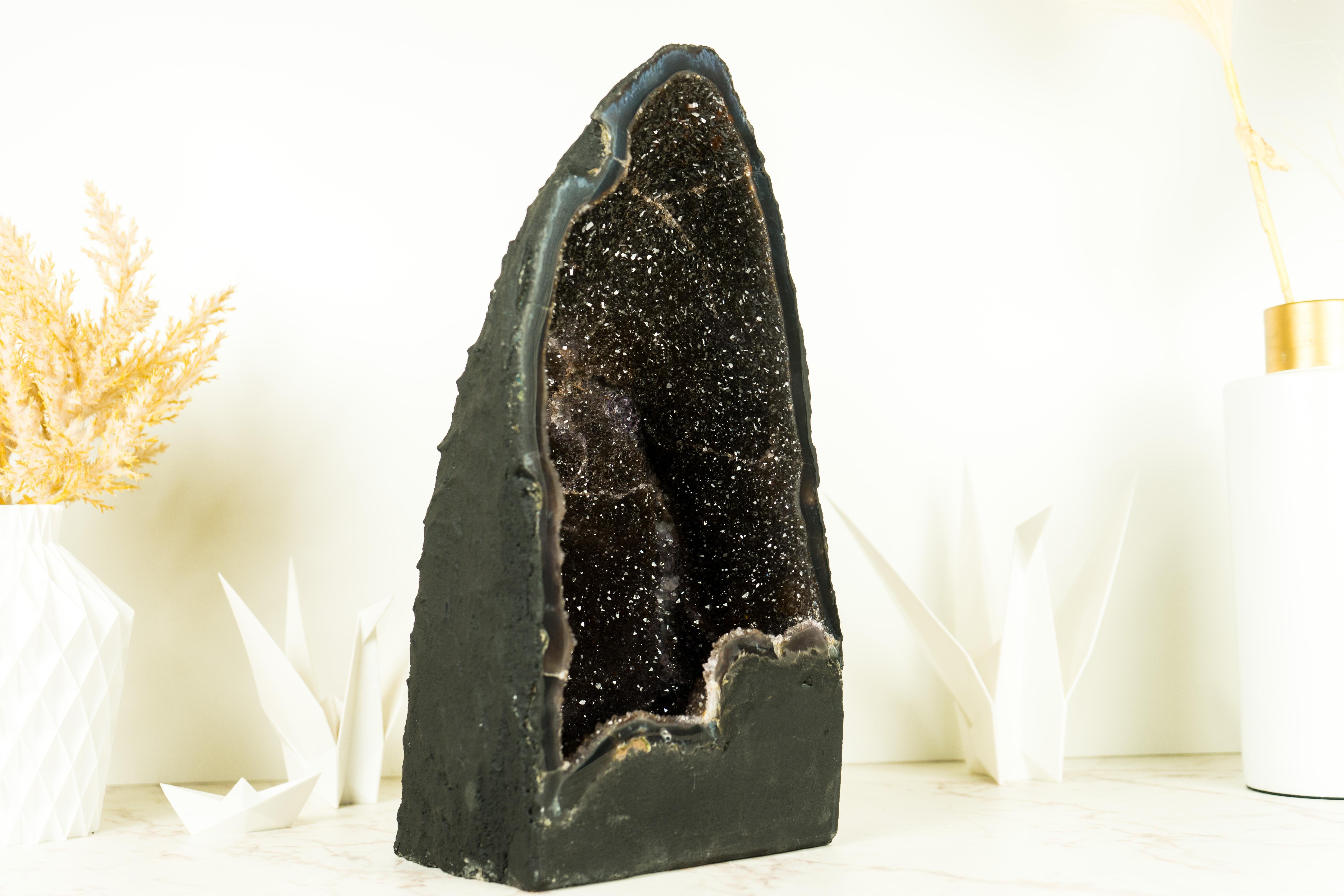 Elevate your space, decor, or collection with the captivating beauty of this Amethyst Geode featuring mesmerizing Black Galaxy Druzy, a rare form of Amethyst that resembles a starry night sky captured within the crystal.

The first thing that