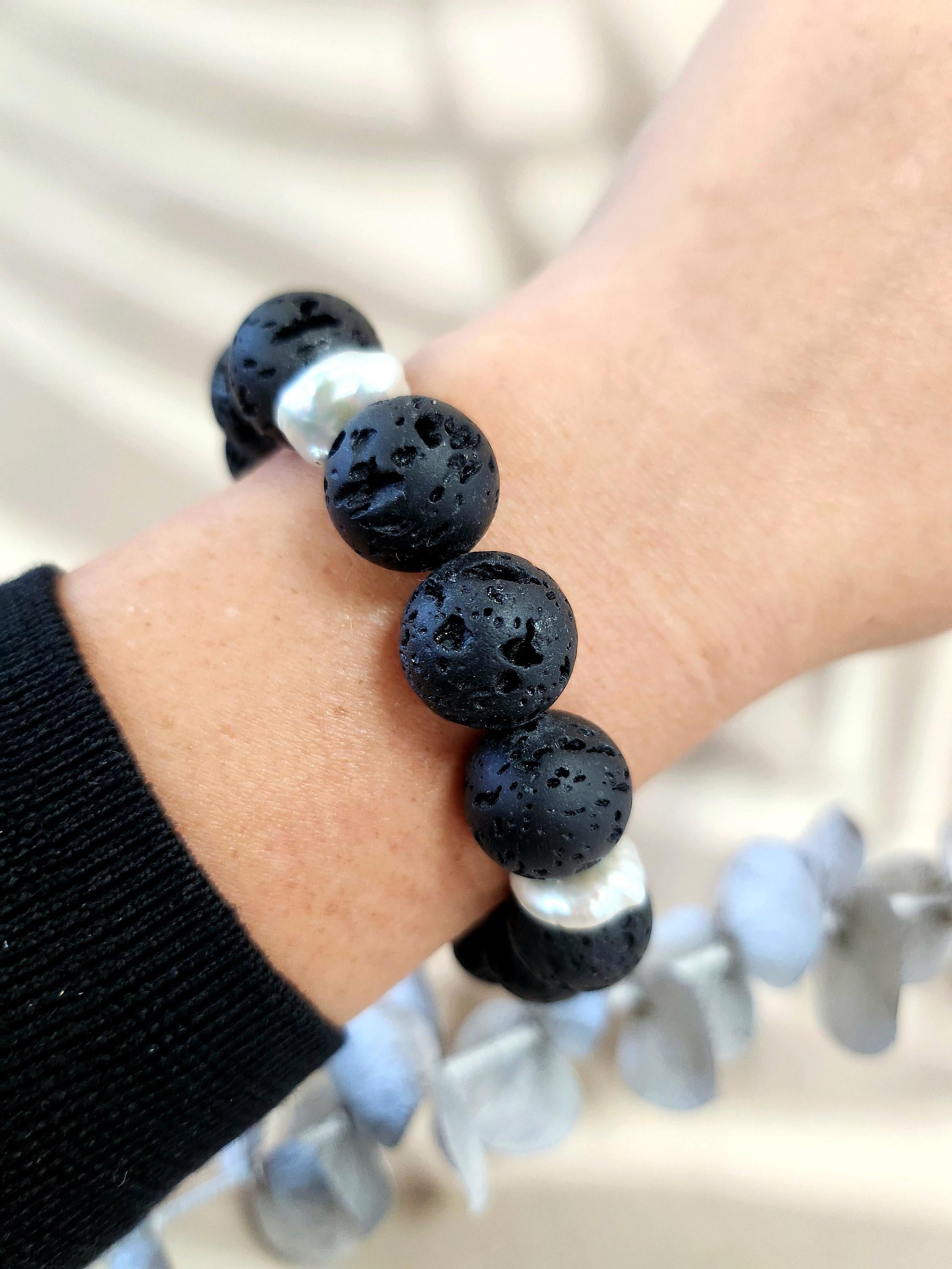 Bead Natural Black Lava and Kashi Pearl Bracelet For Sale