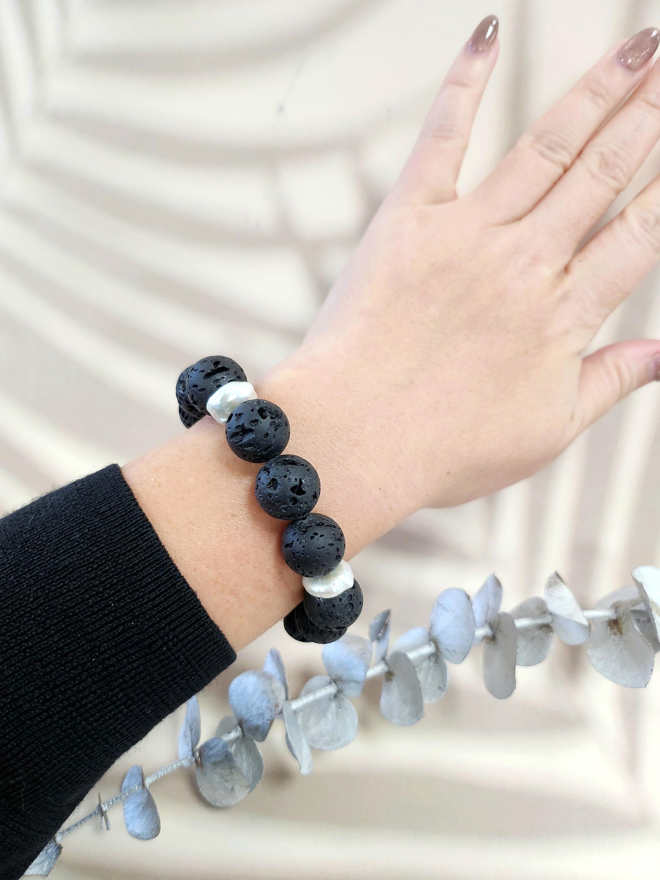 Women's or Men's Natural Black Lava and Kashi Pearl Bracelet For Sale