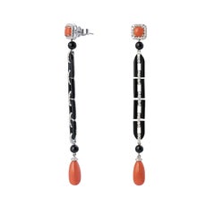 Natural Black Onyx, Red Coral & Diamond Earring in 18k Gold