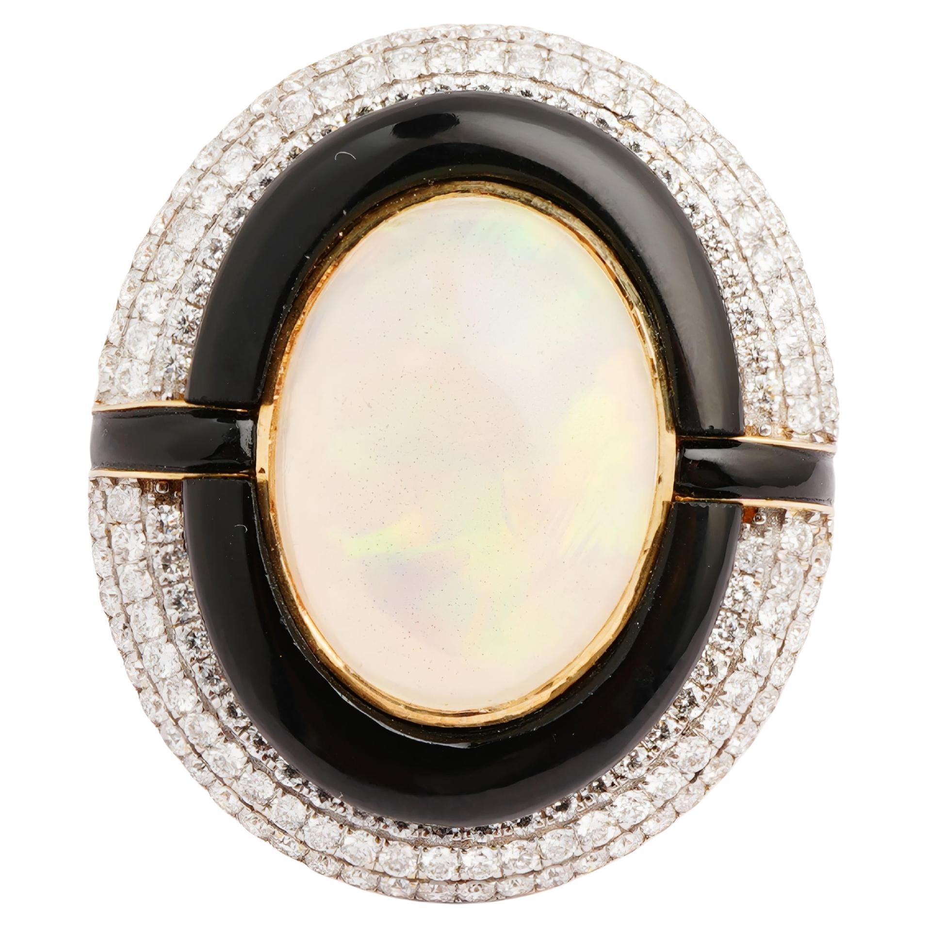 Natural black onex opal diamond ring in 14k gold