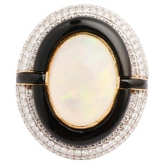 Natural black onex opal diamond ring in 14k gold