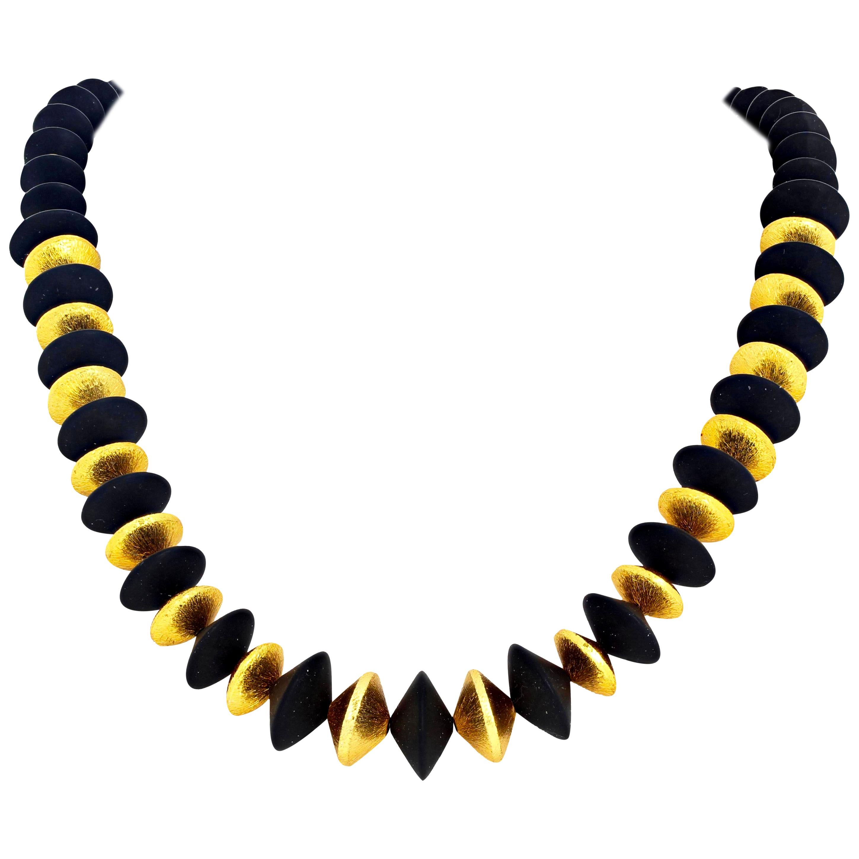 Gemjunky Stunning Natural Black Onyx & Goldy Vermeil Rondels 20" Necklace