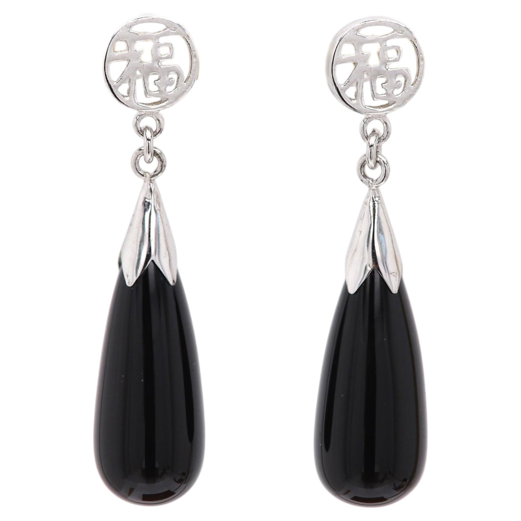 Ohrringe aus natürlichem schwarzem Onyx, 925er Sterlingsilber, hängende Tropfenform