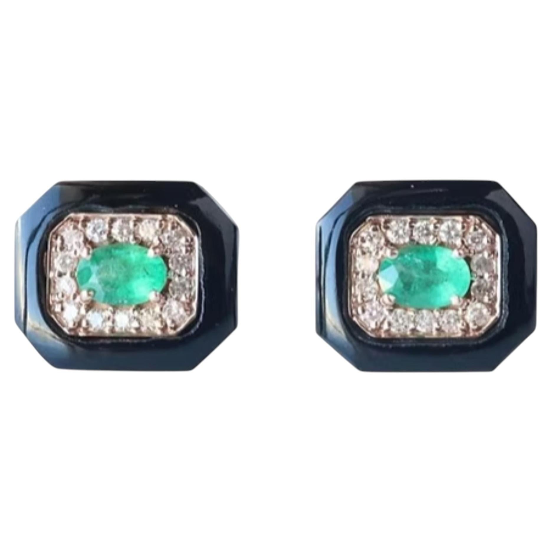 14K Yellow Gold Emerald and Diamond Stud Earrings, 0.79 Ct