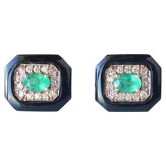 Natürlicher schwarzer Onyx, Smaragd & Diamant-Ohrring in 14k Gold