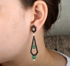 Natural Black Onyx, Emerald & Diamond Earring in 18k Gold