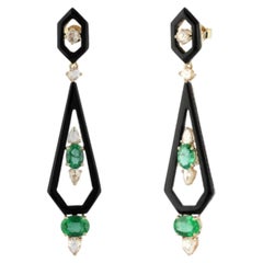 Natural Black Onyx, Emerald & Diamond Earring in 18k Gold