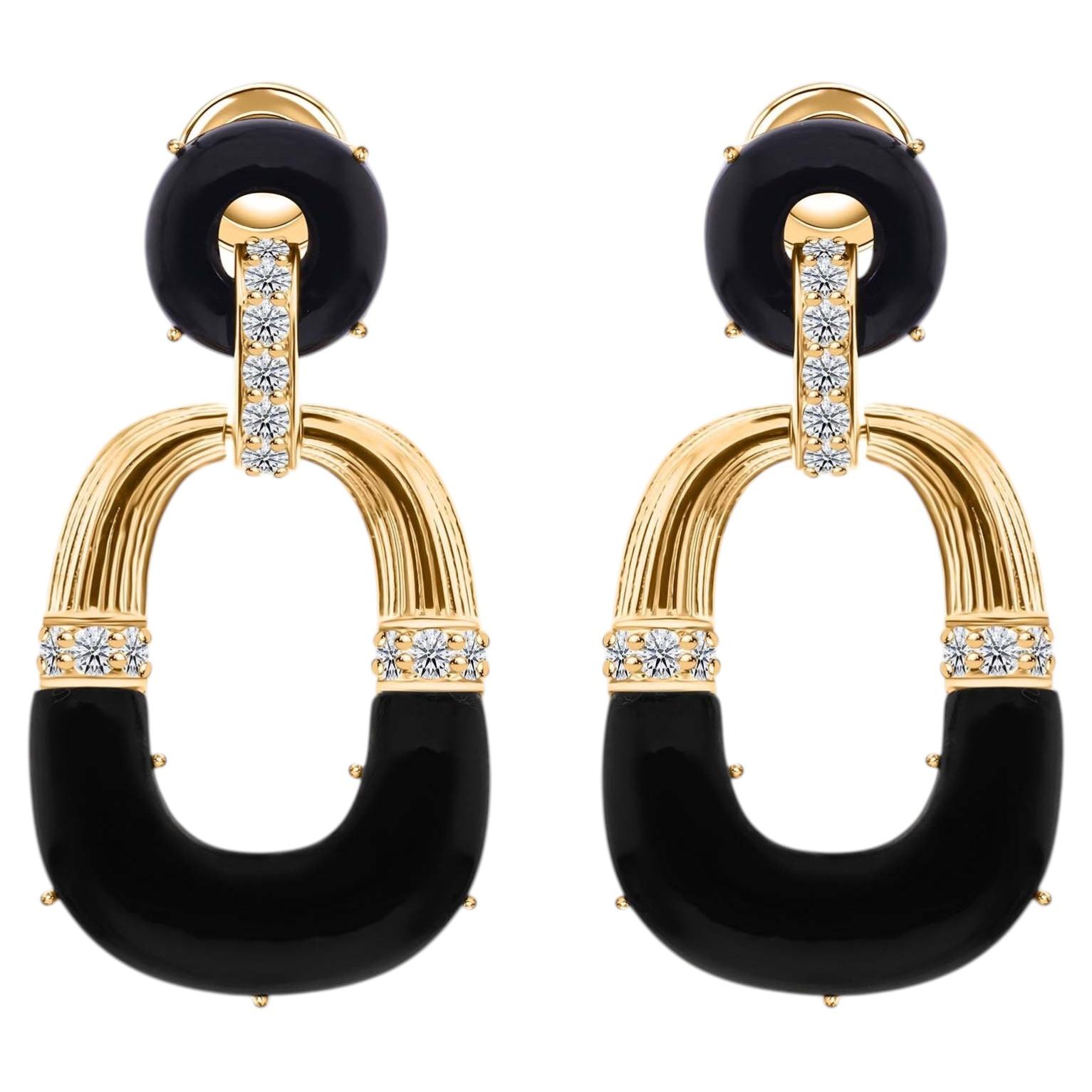 Natural Black Onyx Gemstone SI/H Diamond Earrings 18 Karat Yellow Gold Jewelry