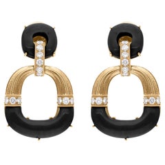 Natural Black Onyx Gemstone SI/HI Diamond 14 Karat Yellow Gold Dangle Earrings