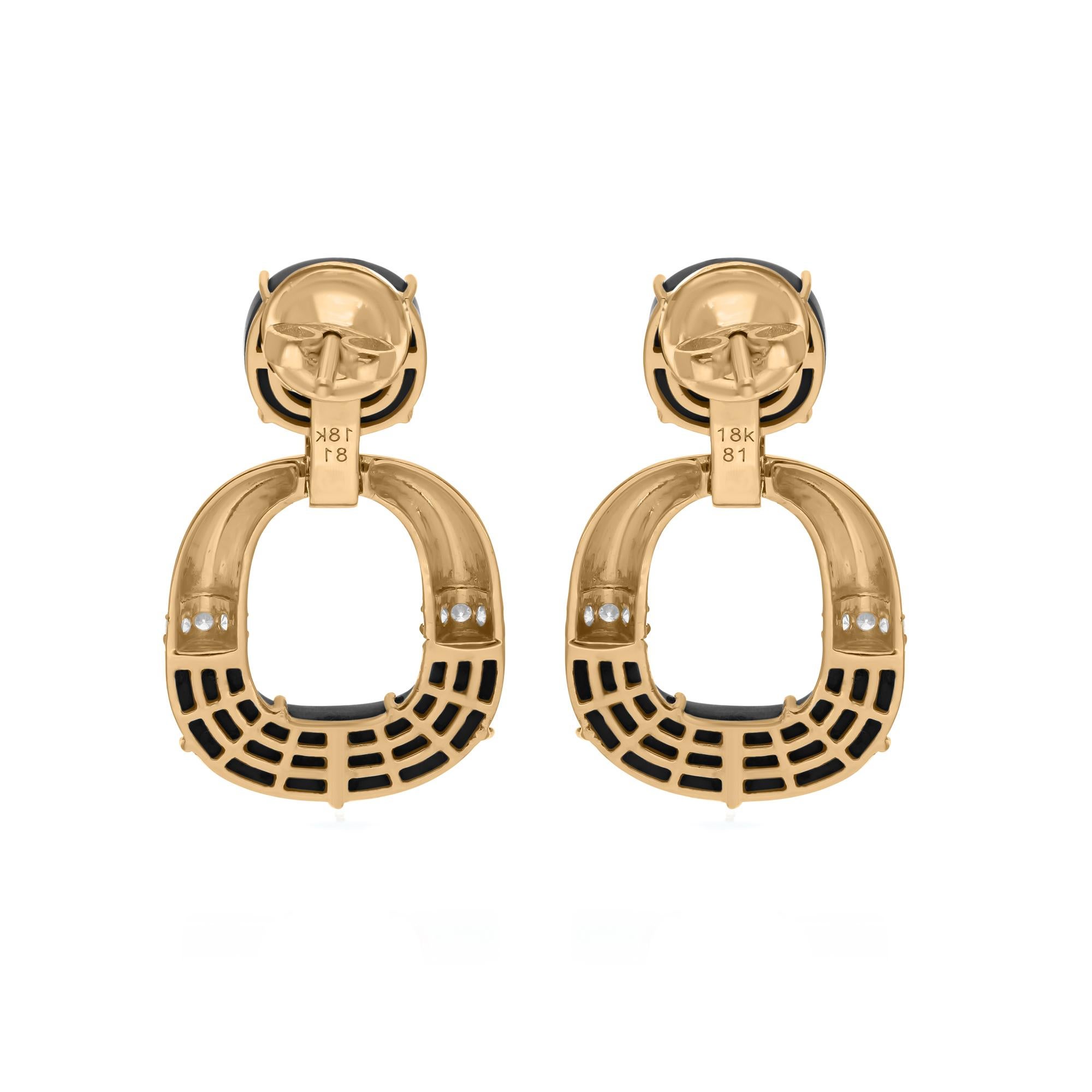 Donna Orecchini pendenti in oro giallo 18 carati con gemma di onice nera naturale SI/HI e diamante in vendita