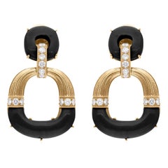 Natürlicher schwarzer Onyx Edelstein SI/HI Diamant 18 Karat Gelbgold Ohrringe baumeln