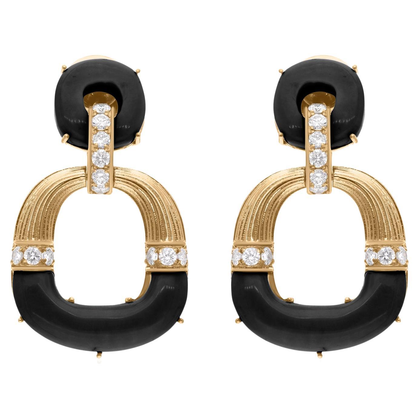 Orecchini pendenti in oro giallo 18 carati con gemma di onice nera naturale SI/HI e diamante in vendita