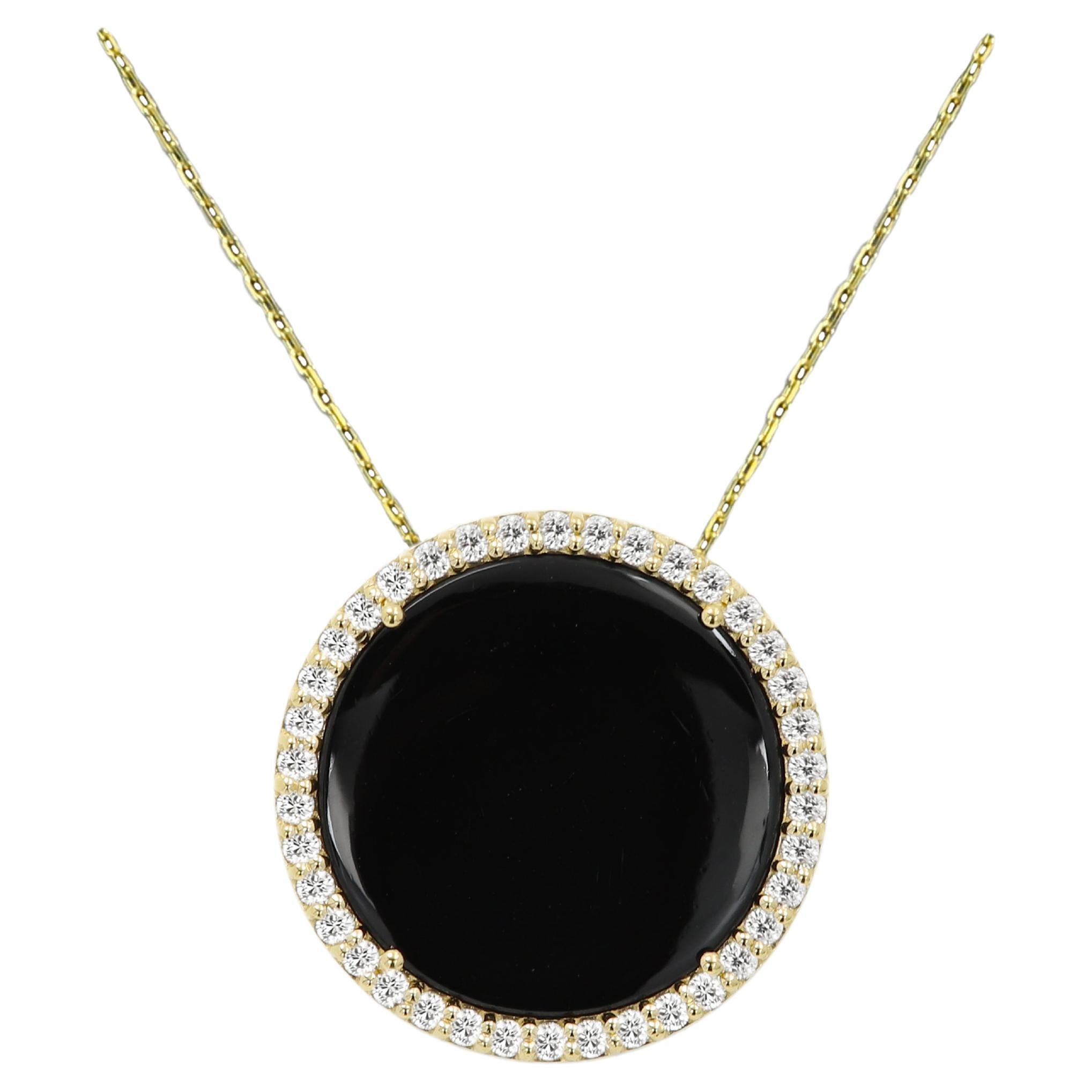 Natural Black Onyx Round Circle Natural Diamond Pendant 14 Karat Yellow Gold For Sale