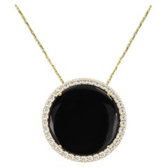 Natural Black Onyx Round Circle Natural Diamond Pendant 14 Karat Yellow Gold
