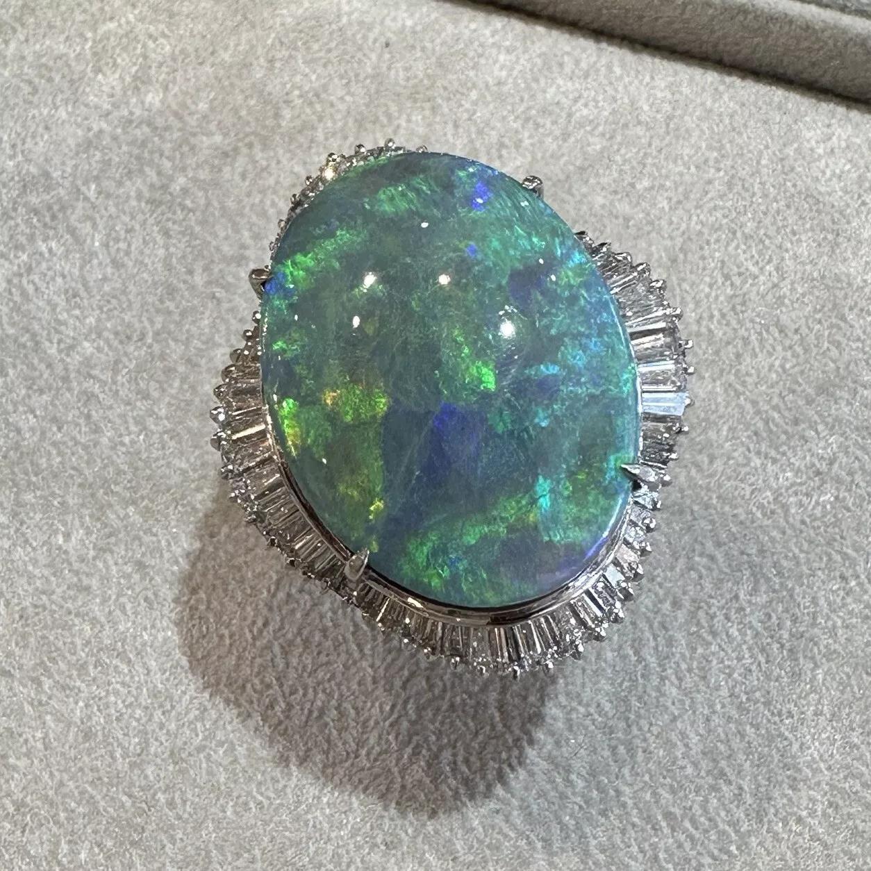 Cabochon Natural Black Opal 15.60 carats and Diamond Cocktail Ring in Platinum For Sale