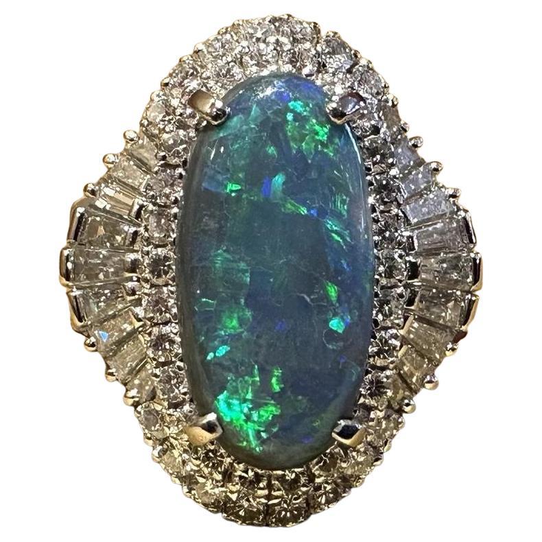 Natural Black Opal 3.77 carats and Diamond Cocktail Ring in Platinum