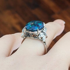 Australian Black Opal and Diamond Ring in Platinum, GIA Certified