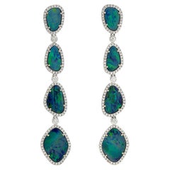 Natural Black Opal and Diamond Dangle Earrings 9 Carats Total 18K White Gold