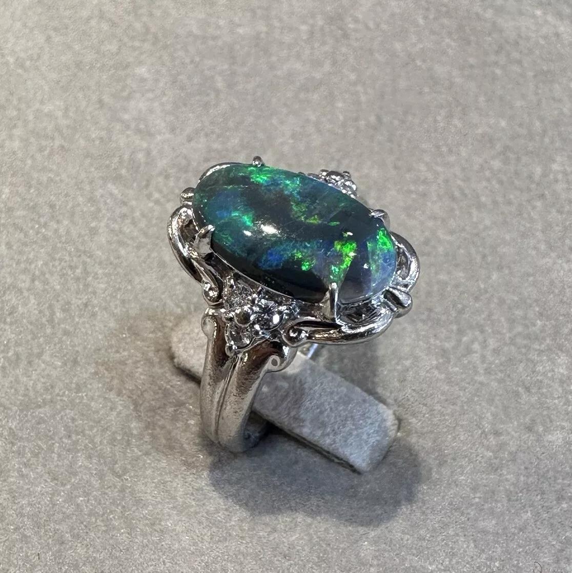 Cabochon Natural Black Opal and Diamond Ring in Platinum For Sale