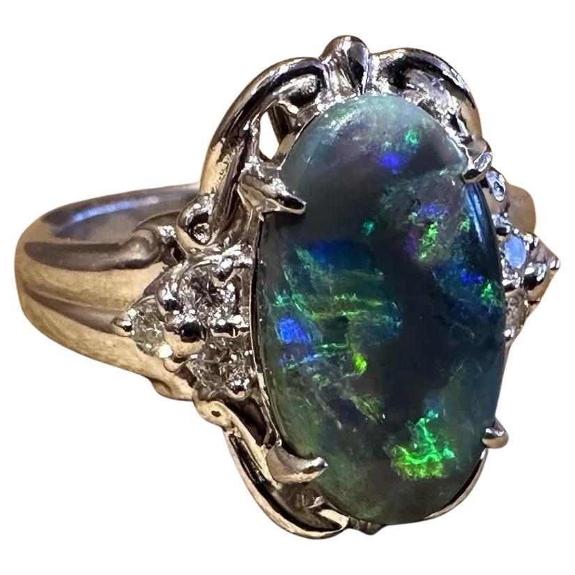 Natural Black Opal and Diamond Ring in Platinum For Sale
