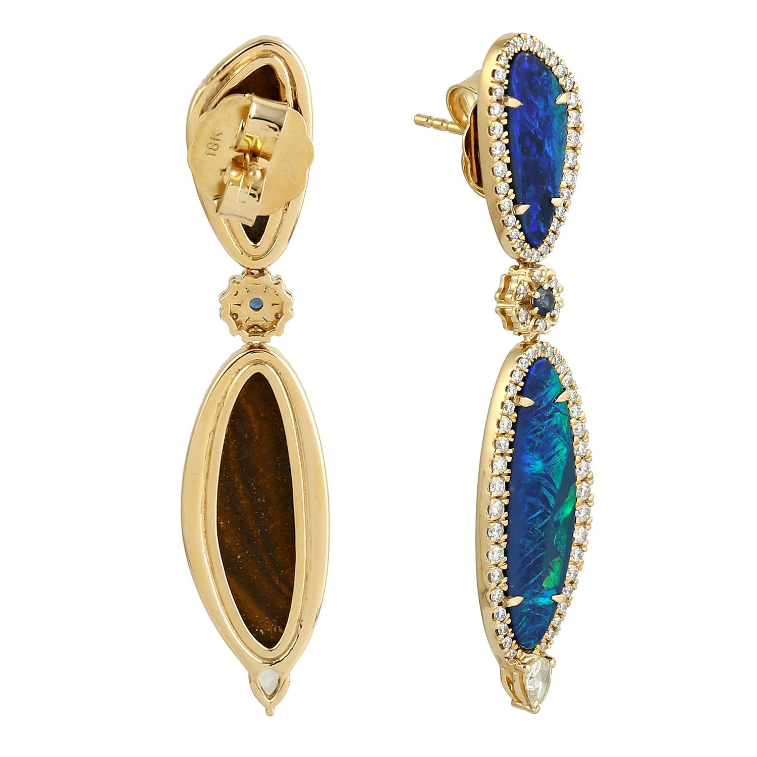 Mixed Cut Natural Black Opal Dangle Earrings Blue Sapphires and Diamonds 18K Gold For Sale