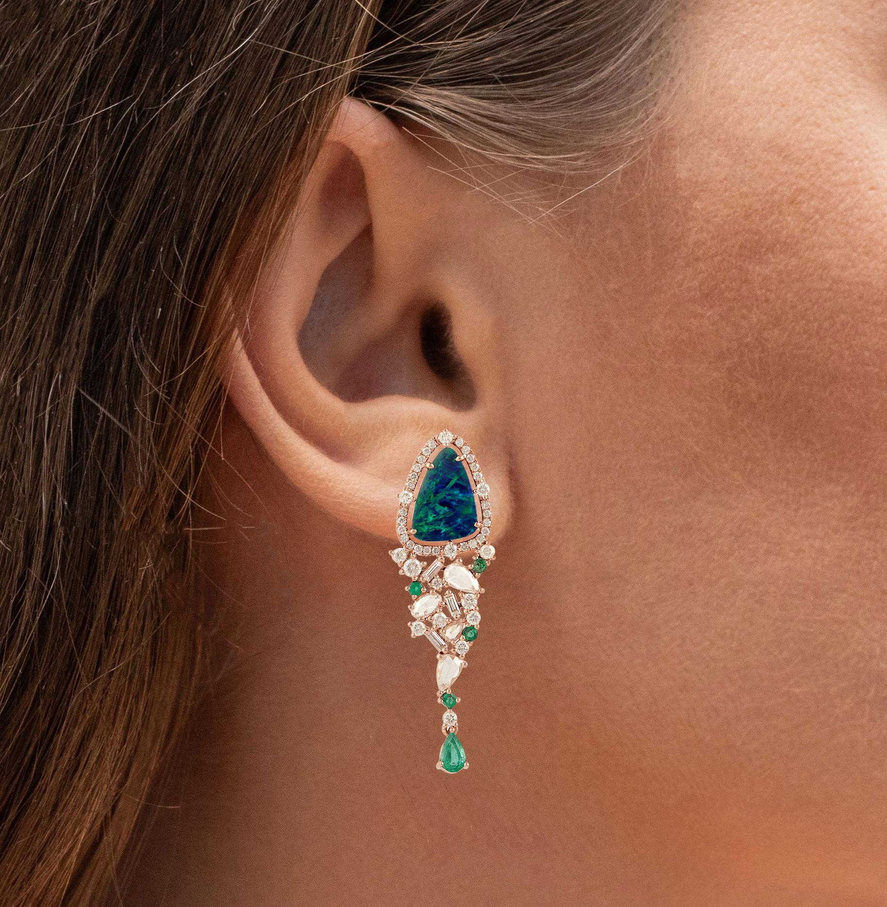 Art Deco Natural Black Opal Emerald And Diamond Dangle Earrings 18K Rose Gold For Sale
