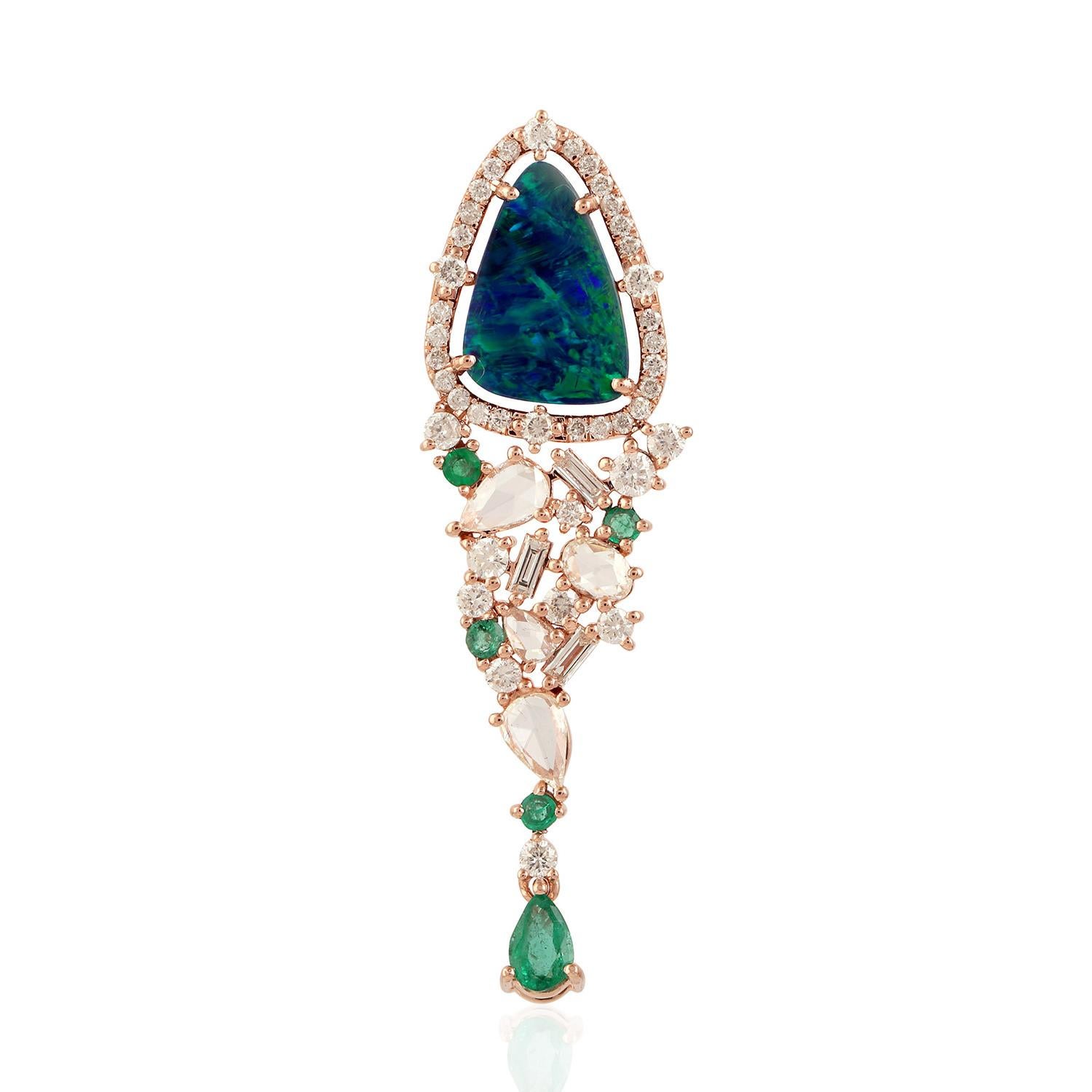 Natural Black Opal Emerald And Diamond Dangle Earrings 18K Rose Gold In Excellent Condition For Sale In Laguna Niguel, CA