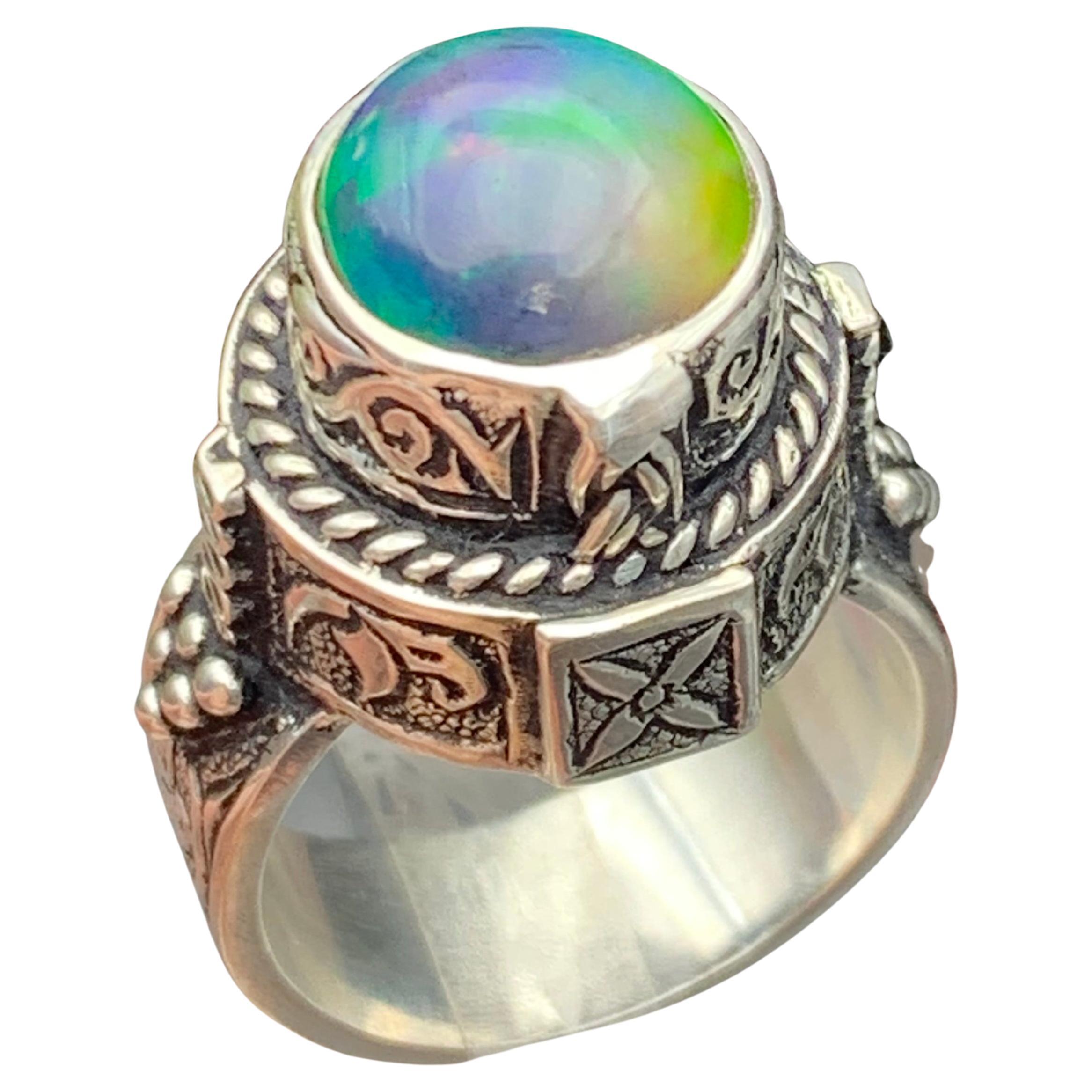 Natural Black Opal Ring in 925 St. Silver Handmade Vintage Style Statement Ring For Sale