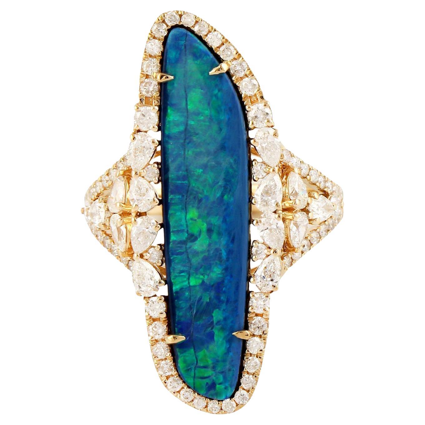 Natural Black Opal Statement Ring Diamond Setting 4.25 Carats 18K Yellow Gold For Sale