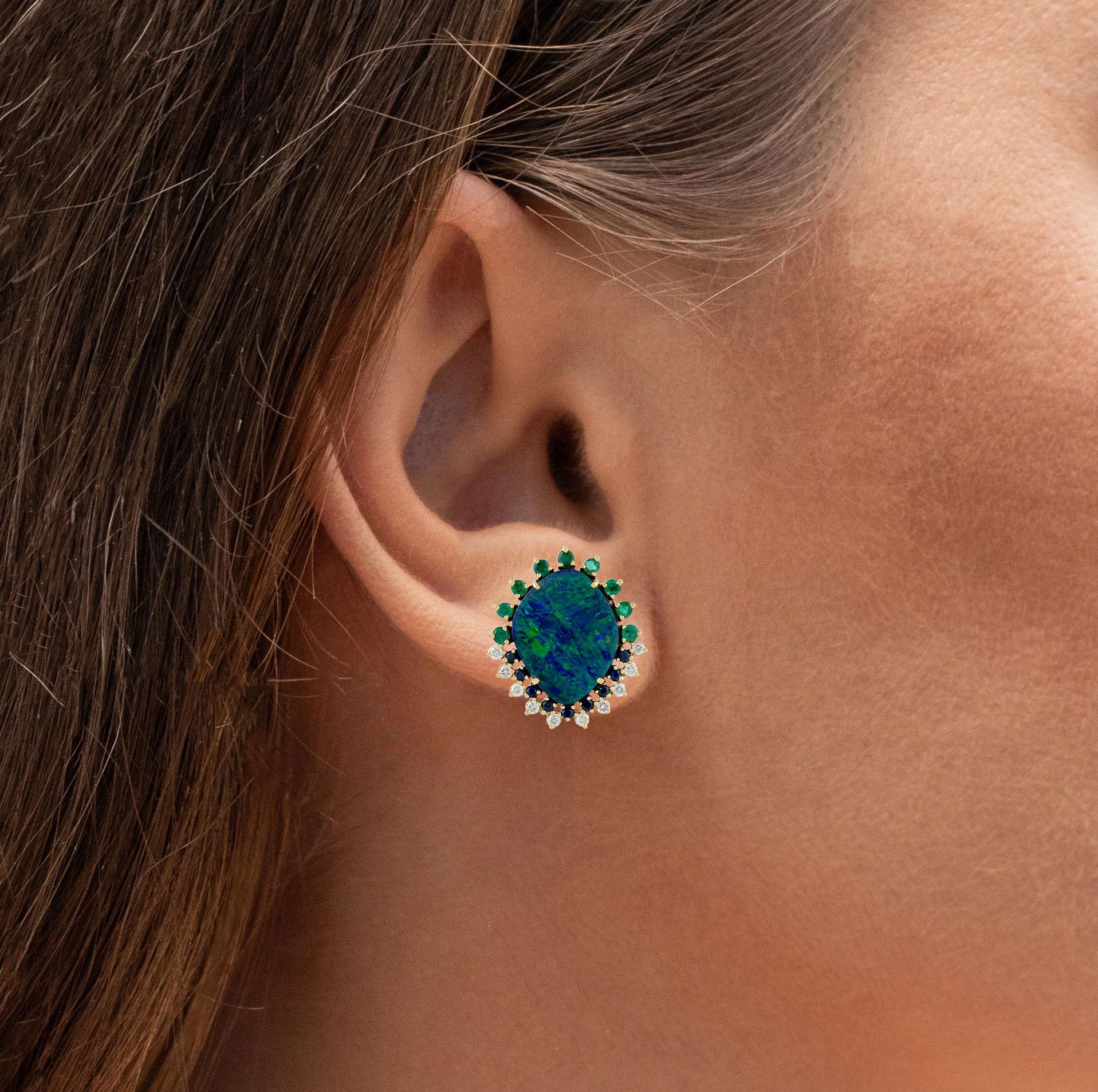 Contemporary Natural Black Opal Stud Earrings Emeralds Sapphires Diamonds 18K Gold For Sale