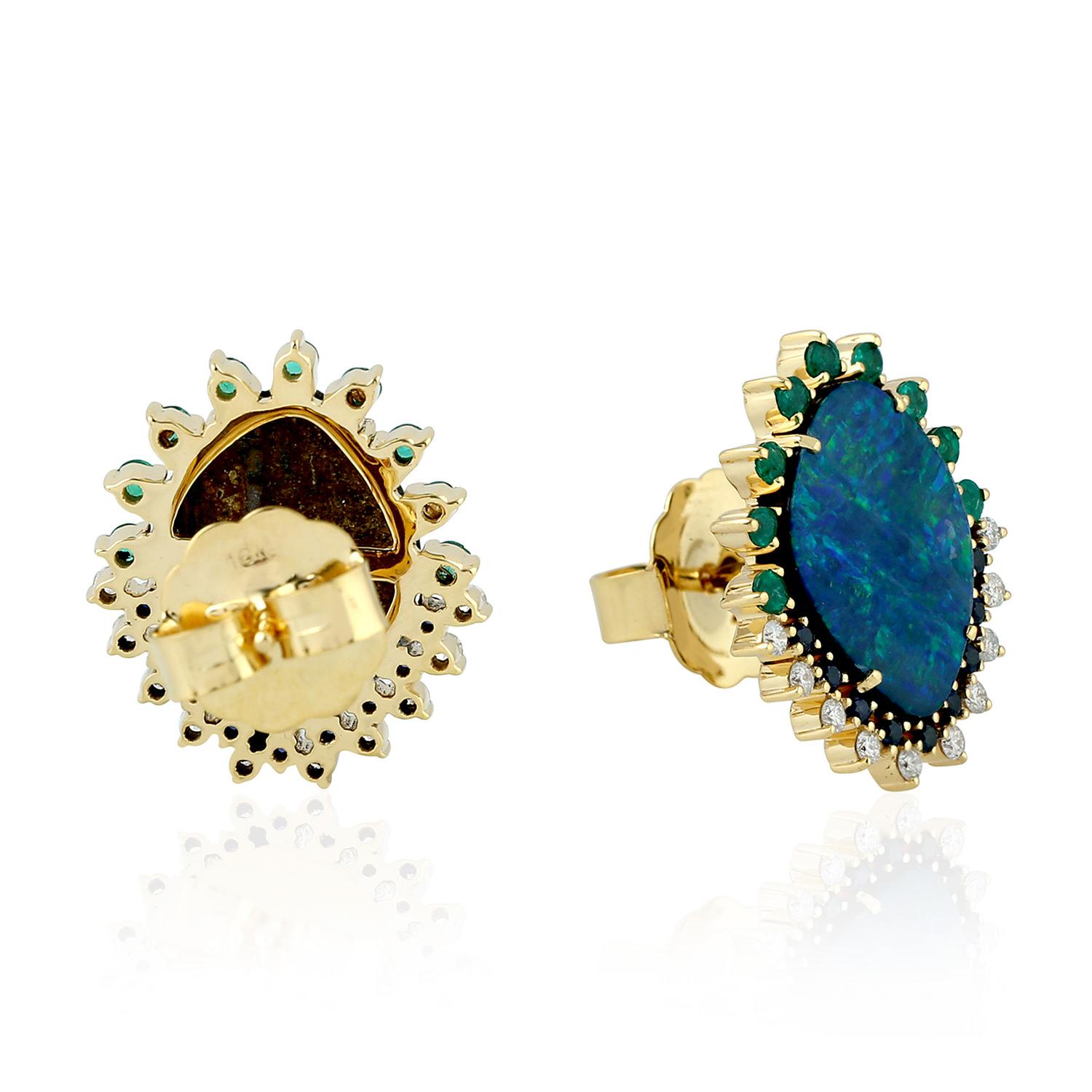 Mixed Cut Natural Black Opal Stud Earrings Emeralds Sapphires Diamonds 18K Gold For Sale