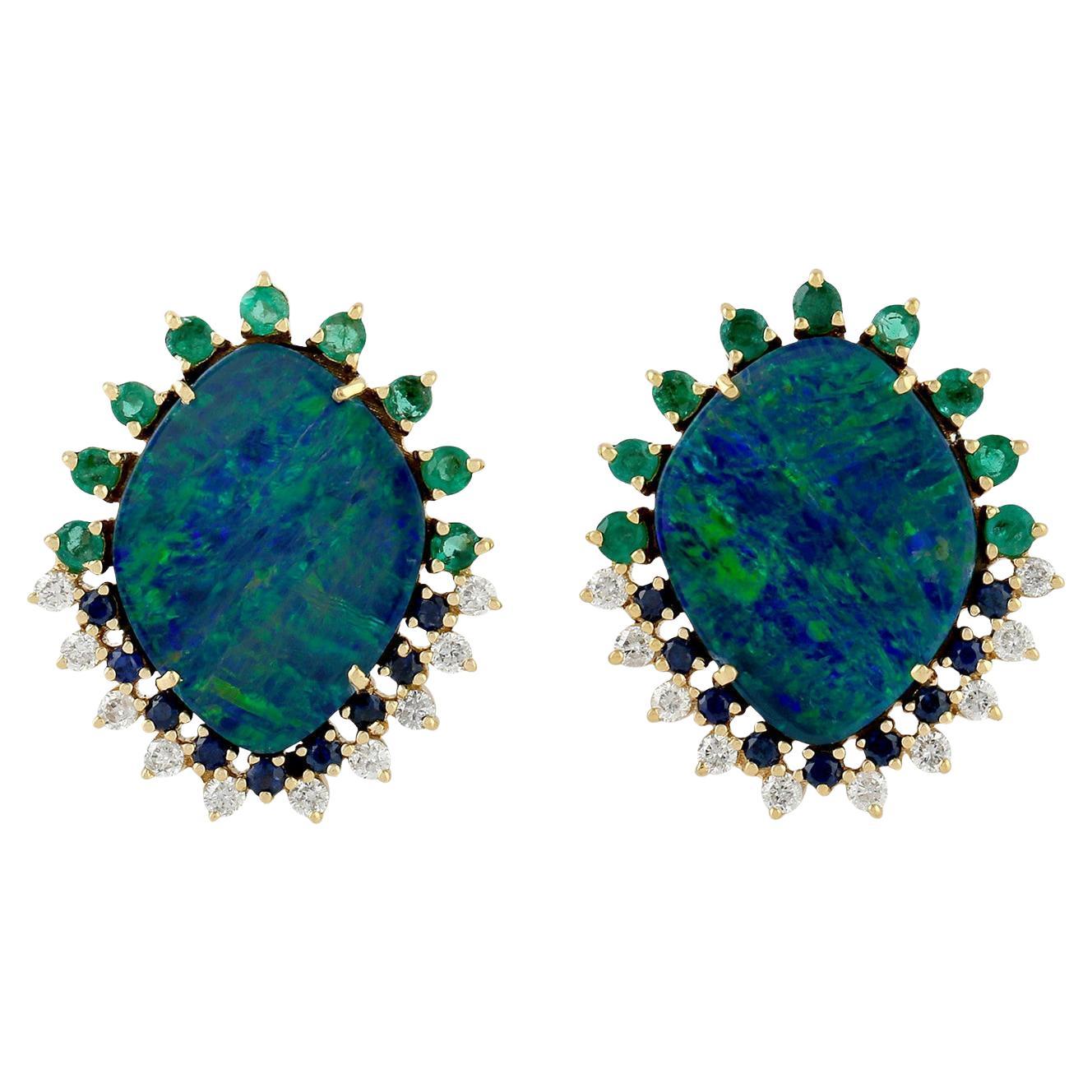 Natural Black Opal Stud Earrings Emeralds Sapphires Diamonds 18K Gold For Sale