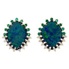 Natural Black Opal Stud Earrings Emeralds Sapphires Diamonds 18K Gold