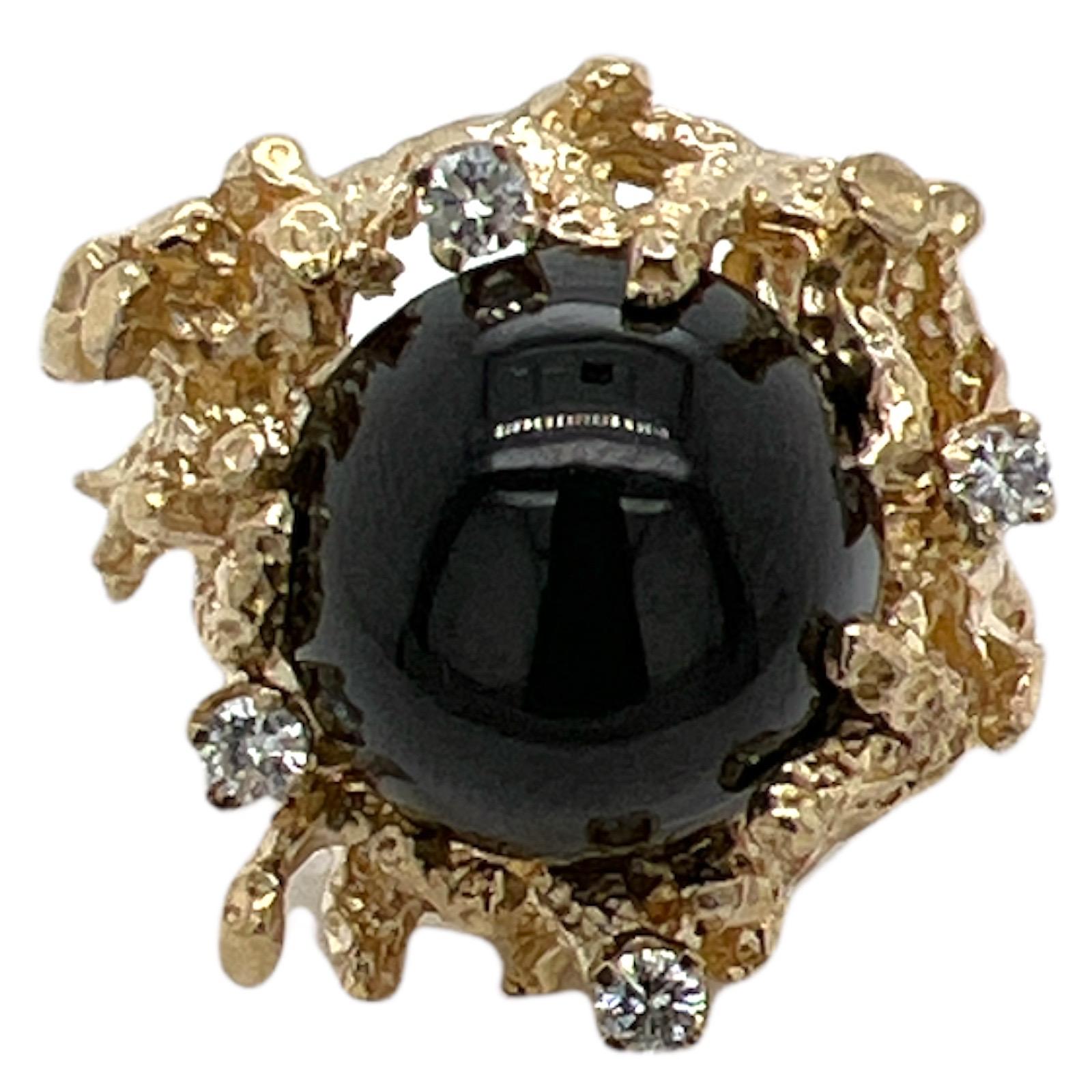 Women's or Men's Natural Black Star Sapphire Diamond 14 Karat Yellow Gold Nugget Vintage Ring