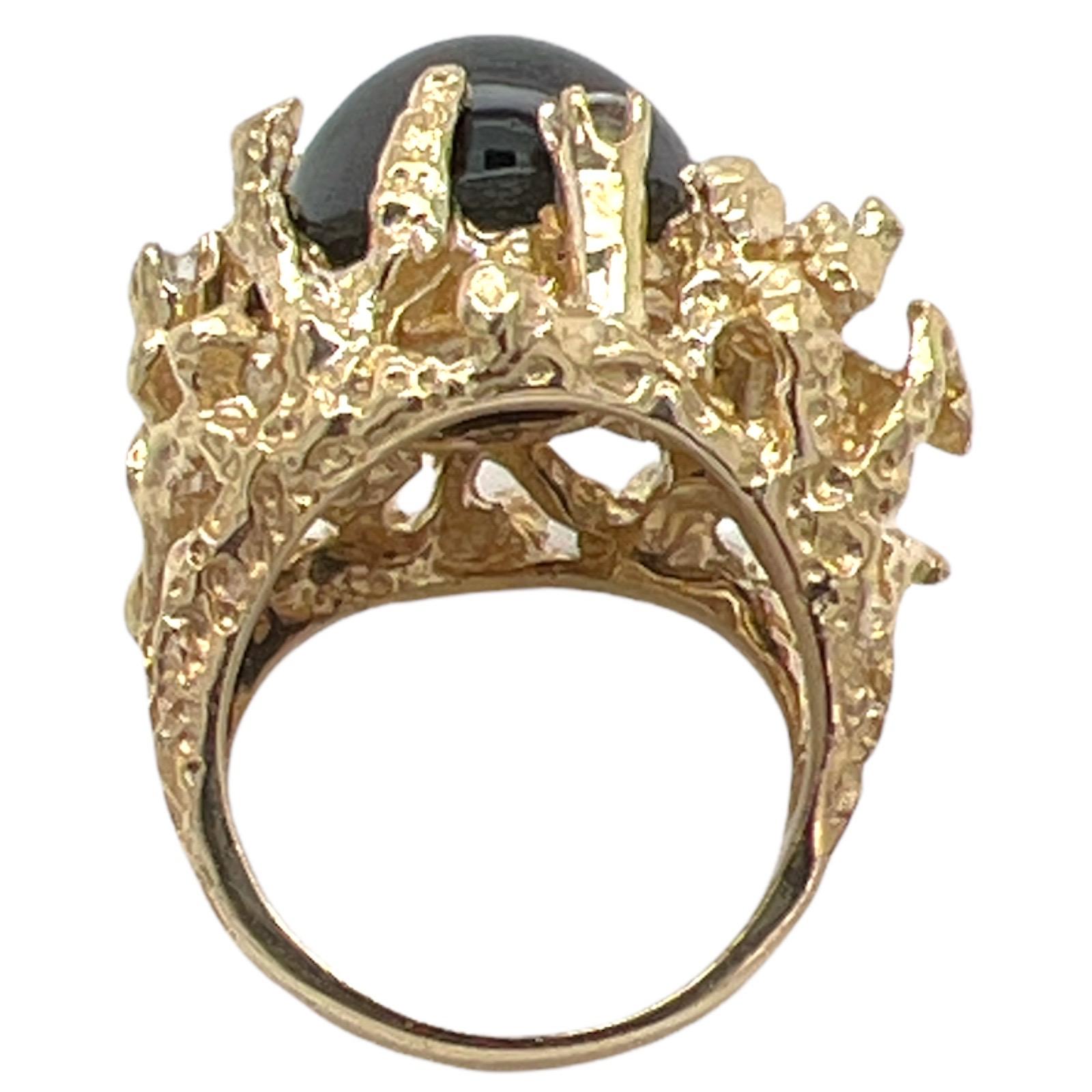 Natural Black Star Sapphire Diamond 14 Karat Yellow Gold Nugget Vintage Ring 1