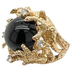 Natural Black Star Sapphire Diamond 14 Karat Yellow Gold Nugget Vintage Ring