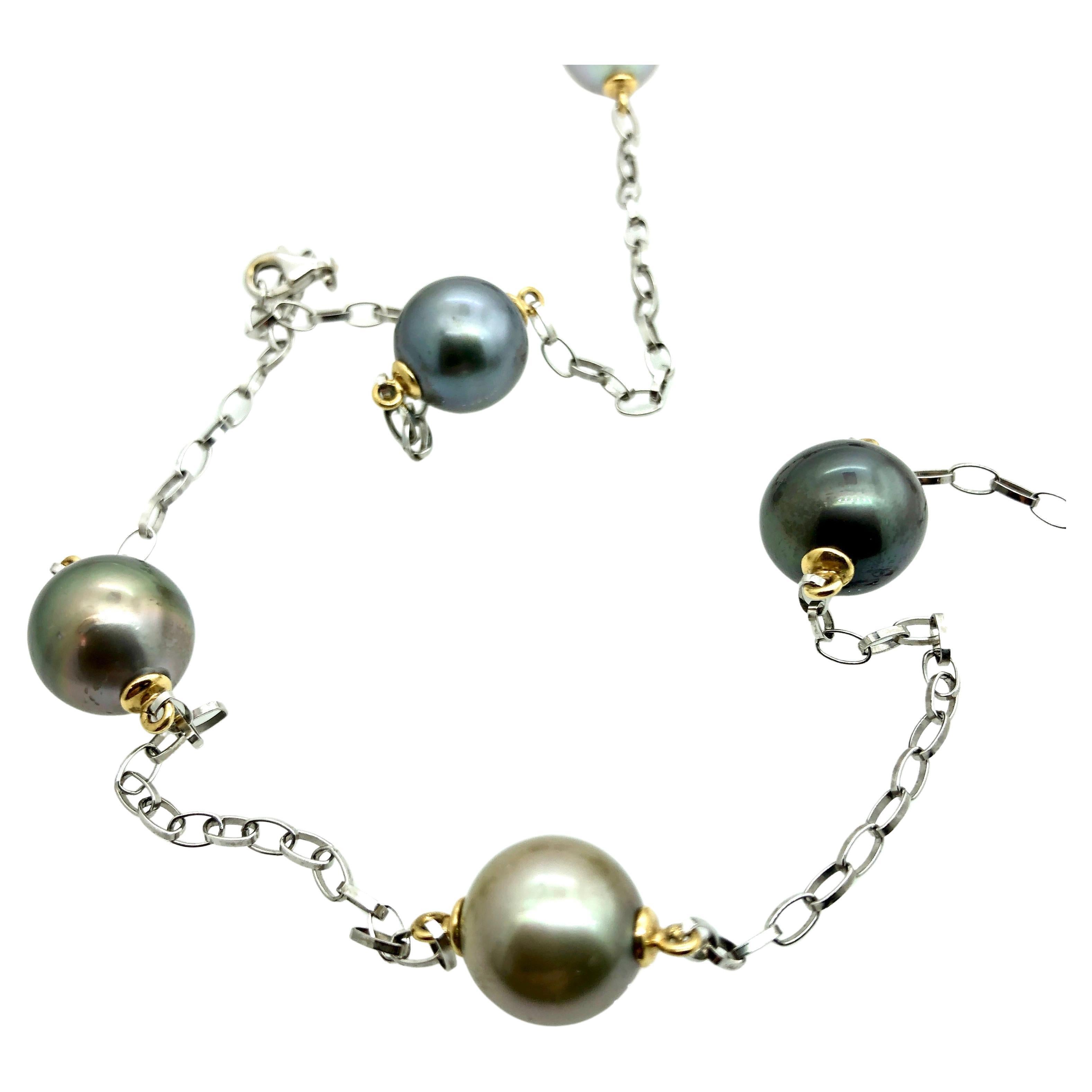 Contemporary Natural Black Tahitial Pearls on White Gold Necklace For Sale
