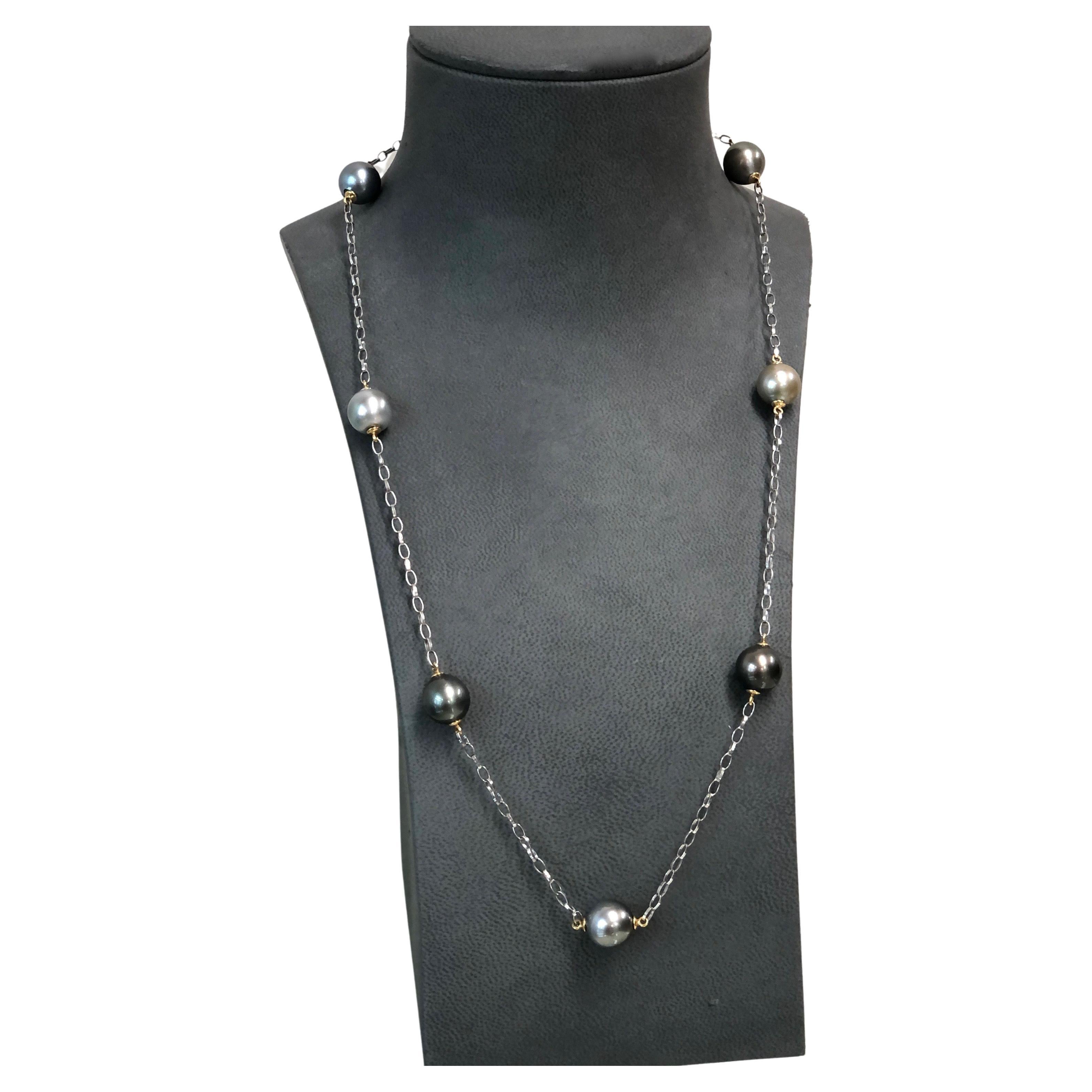 Natural Black Tahitial Pearls on White Gold Necklace For Sale