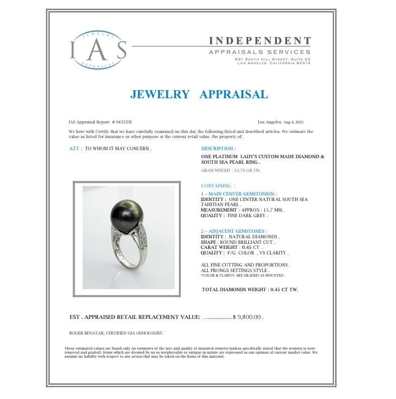 Natural Black Tahitian Pearl and Diamond Platinum Cocktail Ring For Sale 4