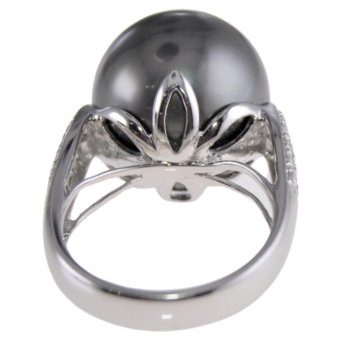 Antique Cushion Cut Natural Black Tahitian Pearl and Diamond Platinum Cocktail Ring For Sale