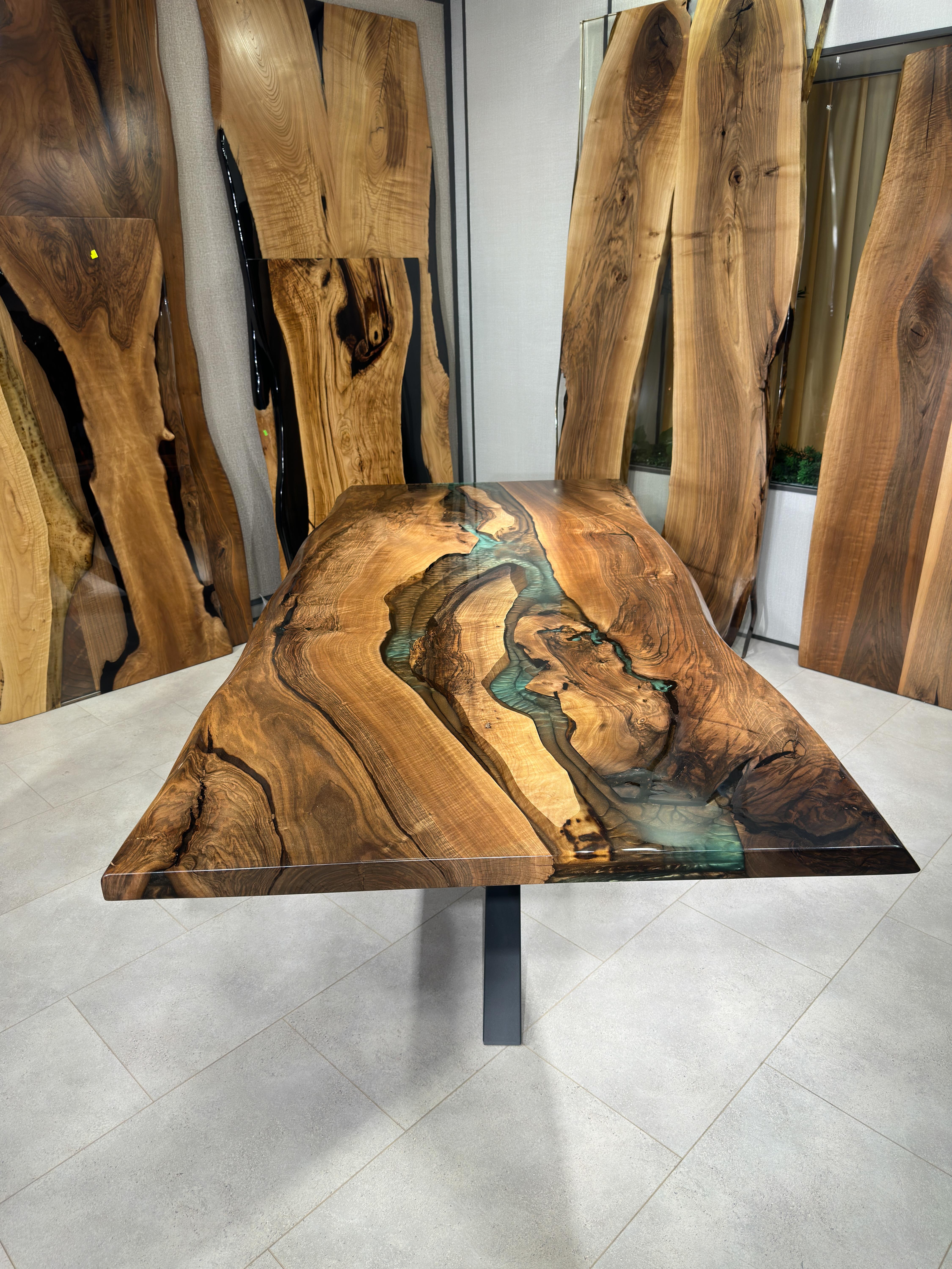 Aluminum Natural Black Walnut Wood Brown Epoxy Resin Dining Table  For Sale