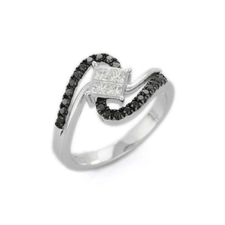 Im Angebot: Natürlicher Schwarz-Weiß-Diamant-Hochzeitsring, Geschenk für sie aus 18 Karat massivem Weißgold () 9