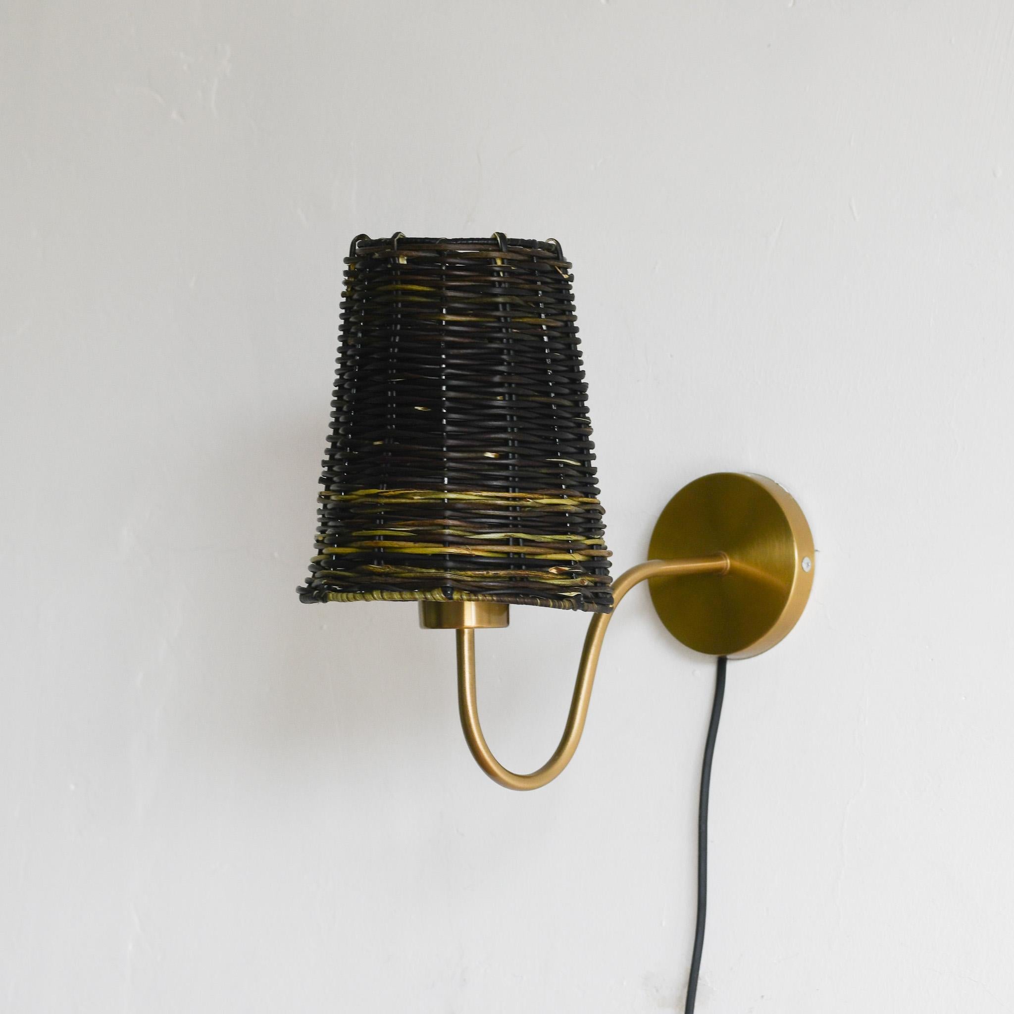 Contemporary Natural Black Wicker Wall Sconce For Sale