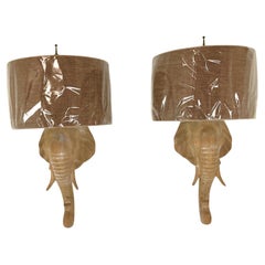 Natural Bleached Wood Elephant Sconces wth Linen Shades